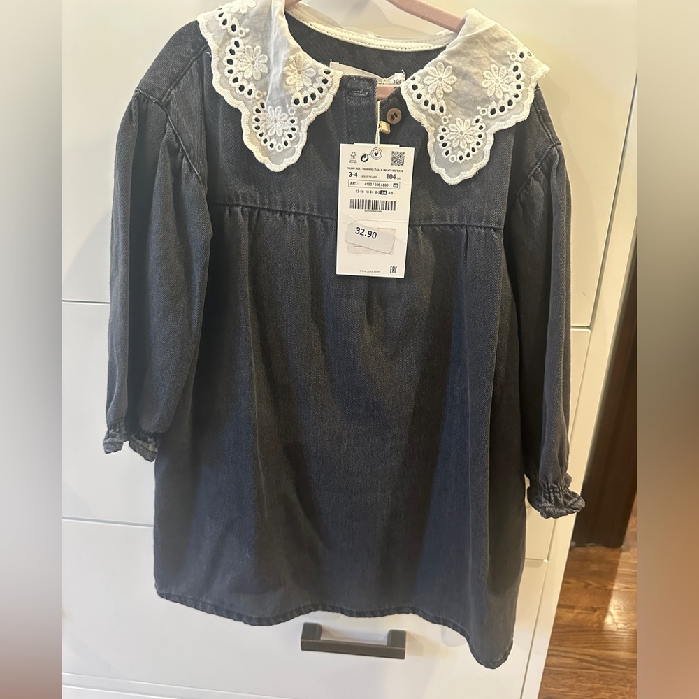 Zara Kids Casual Dress - Dark Gray with White Lace Collar new with tags